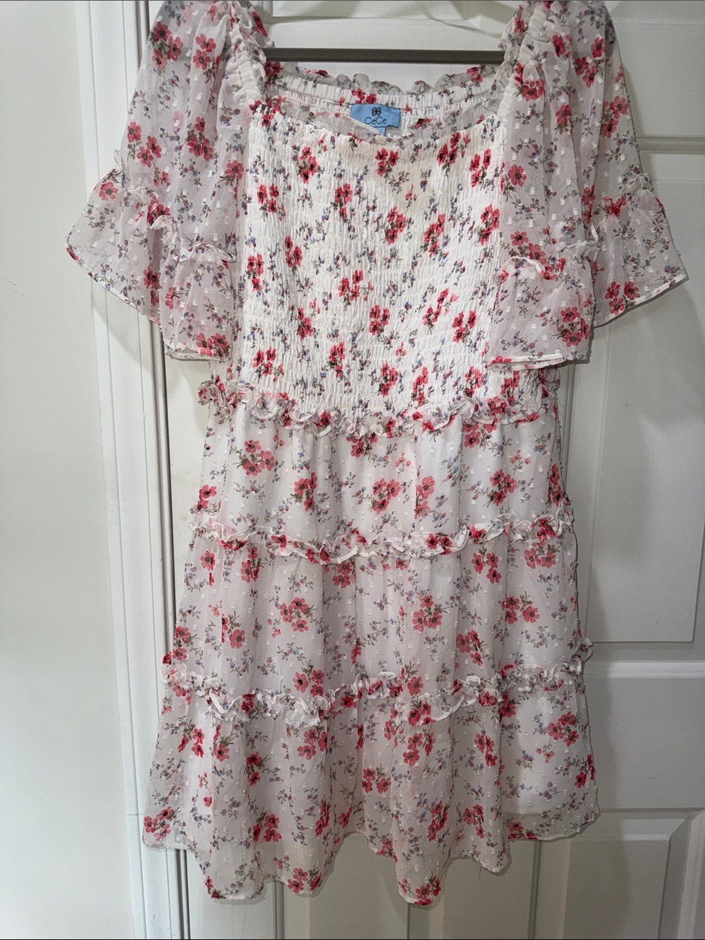 CeCe White Floral Smocked Dress with Coral and Blue Blooms - Picture 7 of 8